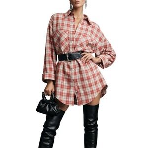 BB Dakota Steve Madden Boho Plaid Shirt Dress Terracotta White XS  Flannel‎